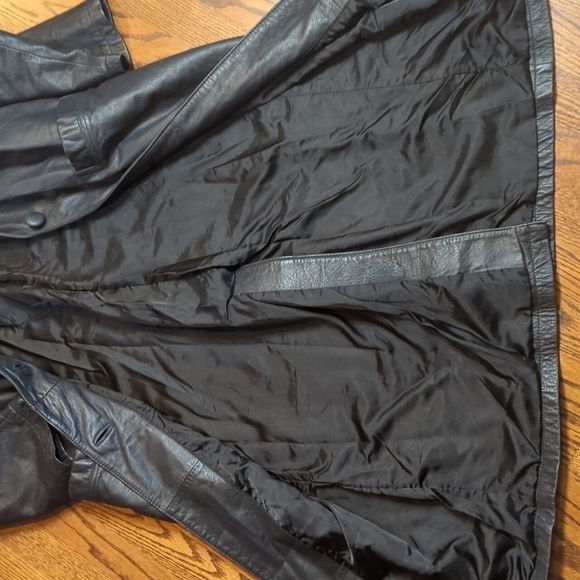 Preston & York vtg long sleek soft black leather Matrix witchy trench coat sz L - Picture 9 of 13